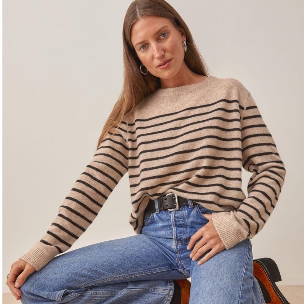 Reformation Cashmere Boyfriend Sweater in Natural and Black Stripes